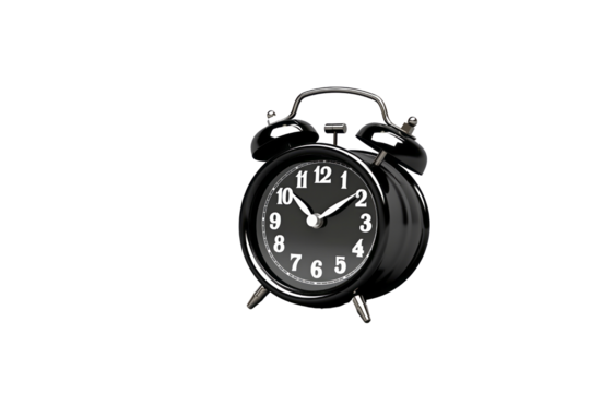 A classic black alarm clock, isolated on a transparent background, showing the time. background removed