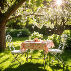 A garden table set for two in the shade of spring flowering trees.