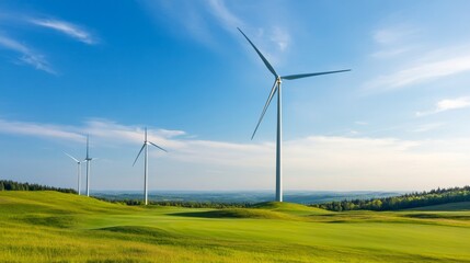 Wind Turbines on Green Hills, blue sky, environment , sustainability