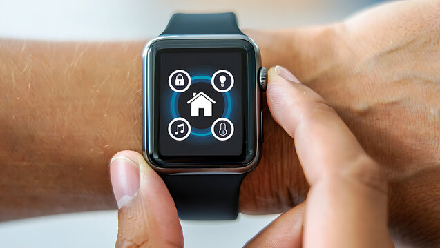 Smartwatch displaying smart home automation icons with a person's finger touching