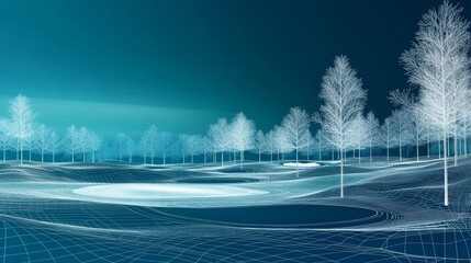 Wireframe Forest Landscape Blue Digital Terrain with Trees, 3D, Visualization