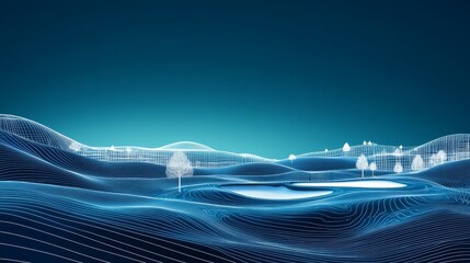 Wireframe Landscape with Trees and Ponds, abstract , digital art