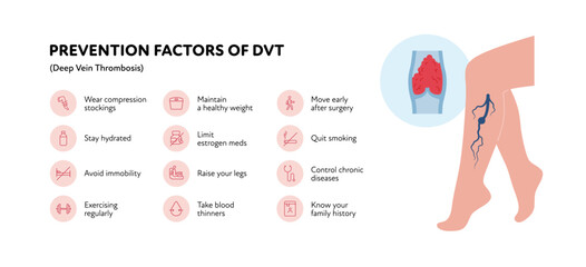 Deep vein thrombosis for healthcare infographic.ector outline icon set illustration. Prevention of DVT. Woman leg with thromb in blood vessel symbol. Design for health care, education