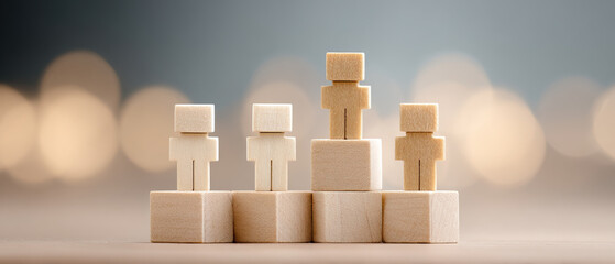 Wooden human figure on podium with blurred lights background, symbolizing success and achievement in business