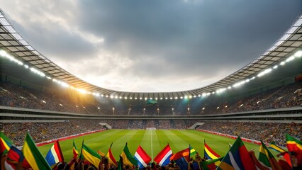 Vibrant World Cup stadium background with cheering crowds and colorful flags