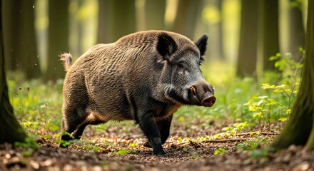 Charging Wild Boar Captured Mid Rush Dense Forest Undergrowth