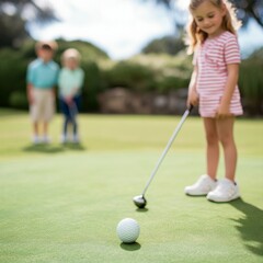 Young Golfer's Focus Girl Lining Up Putt with Friends Watching, Golf , Children