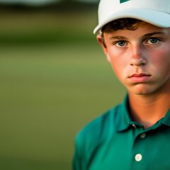 Young Golfer's Intense Focus Portrait in Green and White, athlete ,sports