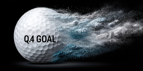 Golf ball Q.4 goal hitting target with digital goal text and dynamic powder explosion effect on black background