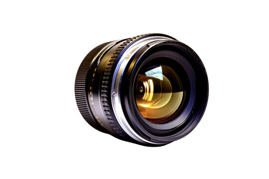 A close-up of a vintage camera lens, showcasing its intricate details and golden reflections. background removed