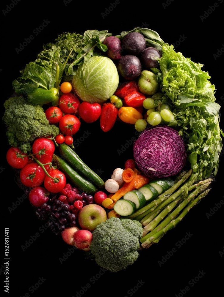 Aufkleber Healthy Food Arranged in a Circular Shape With a Heart in the Center on a Dark Background