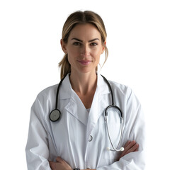 Confident female doctor with stethoscope, arms crossed, wearing a white coat against a transparent background. background removed