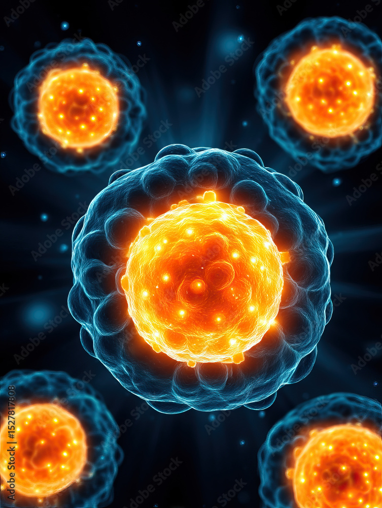 Poster glowing orange virus particle with blue outer membrane floating dark space, showing detailed cellula
