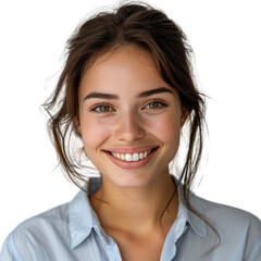 A young woman with brown hair and freckles smiles brightly, wearing a light blue shirt. background removed
