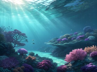 Naklejka premium Underwater Paradise: Dive into the vibrant world beneath the waves, where sunlight streams through the crystalline water, illuminating a kaleidoscope of colorful coral reefs and diverse marine life.