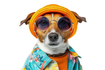 Cool dog in orange hat and tropical floral shirt with sunglasses isolated on transparent background