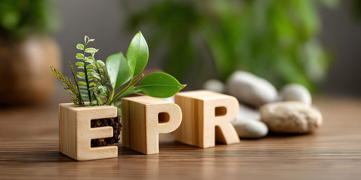 Eco friendly concept with wooden blocks spelling EPR and green leaves growing, symbolizing sustainability and nature