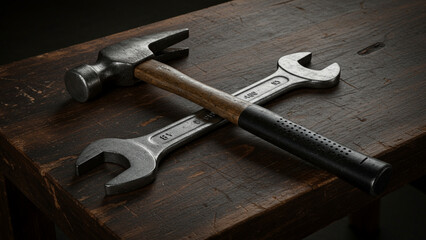 Close-up of a vintage hammer and wrench crossed on a weathered wooden surface.