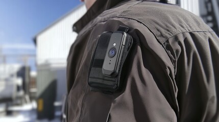 Shoulder-mounted security camera on work jacket