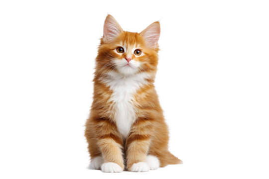 Adorable orange and white fluffy kitten sitting isolated on transparent background