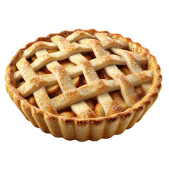 A round apple pie sits ready to eat with a classic lattice crust pattern. The pie has a golden crust and visible apple slices