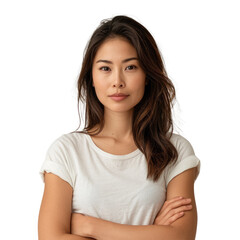 A young Asian woman with long brown hair, wearing a white t-shirt, poses with her arms crossed. background removed