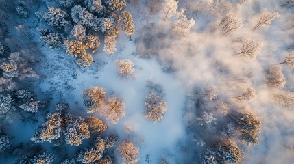 Aerial view of a frosty winter forest shrouded in mist