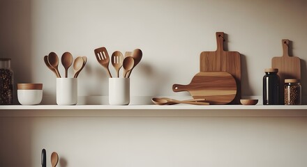 Stylish Kitchen Shelf Display Wooden Utensils, Cutting Boards and Jars - Modern Home Decor.