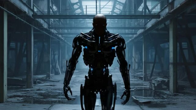 An advanced looking robot walking through a old warehouse