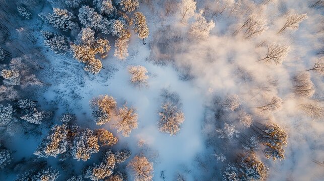 Aerial view of a frosty winter forest shrouded in mist