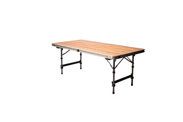 Portable folding table with a wooden top, ideal for camping or picnics. background removed