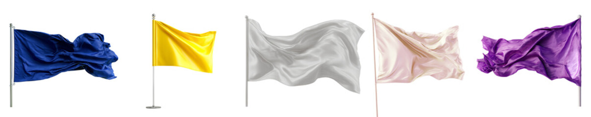 Collection of waving fabric flags in blue, yellow, gray, pink and purple isolated on transparent background