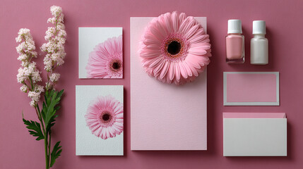 A flat lay of pink gerbera daisies, flowers, and beauty products on a pink background for mockups.