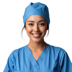 Smiling female doctor wearing blue scrubs and surgical cap. background removed