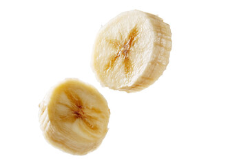 Flying banana slices in the air isolated on transparent background