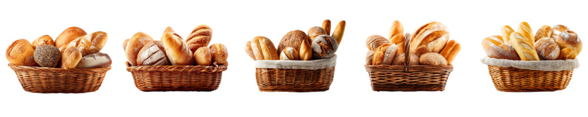 Set of wicker baskets filled with assorted bread loaves isolated on transparent background