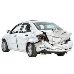 Severely damaged white sedan, rear view, showcasing extensive collision damage. background removed