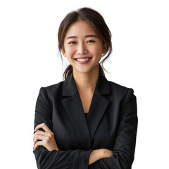 Confident Asian businesswoman with arms crossed, smiling, wearing a black blazer. background removed