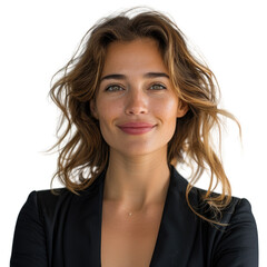 Portrait of a woman with long wavy light brown hair, wearing a black blazer, smiling gently. background removed