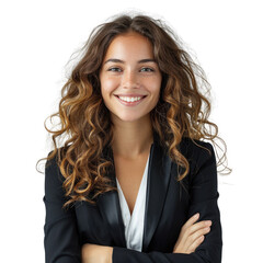 A young woman with curly brown hair smiles confidently, wearing a black blazer. background removed