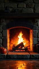 Cozy and inviting hearth, glowing embers casting a warm light on a rustic stone fireplace Perfect for home, comfort, and relaxation themes , crackling, comfort, interior design