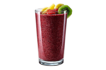 Berry smoothie in clear glass with fresh kiwi, banana, and mango garnish isolated on transparent background