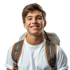 Happy teenage boy with a backpack, smiling at the camera. background removed