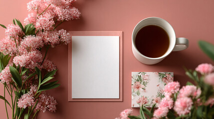 Still life of blank card with pink flowers and a cup of tea on a pink background flat lay view.