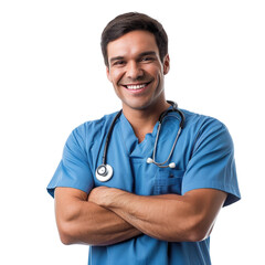 Smiling male doctor in scrubs with stethoscope, arms crossed, conveys confidence and care. background removed