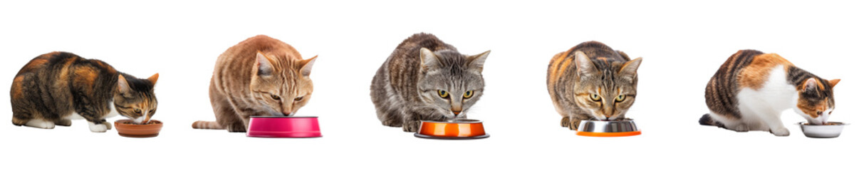 Various cats eating from food bowls isolated on transparent background