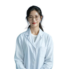 A young woman with glasses wearing a white lab coat, a professional portrait. background removed