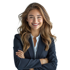 Confident businesswoman with arms crossed, smiling, wearing a navy blue blazer and white shirt. background removed