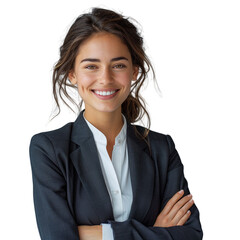 Confident businesswoman with arms crossed, smiling, wearing a dark suit and white shirt. background removed