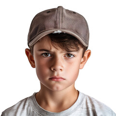 A portrait of a boy with a sullen expression wearing a grey baseball cap. background removed